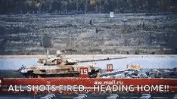a sign that says " all shots fired heading home " next to a tank
