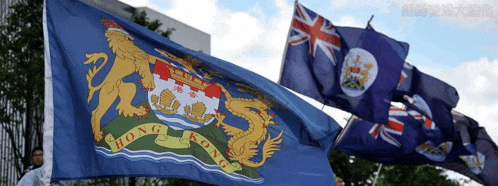 a blue flag that says hong kong is surrounded by other flags