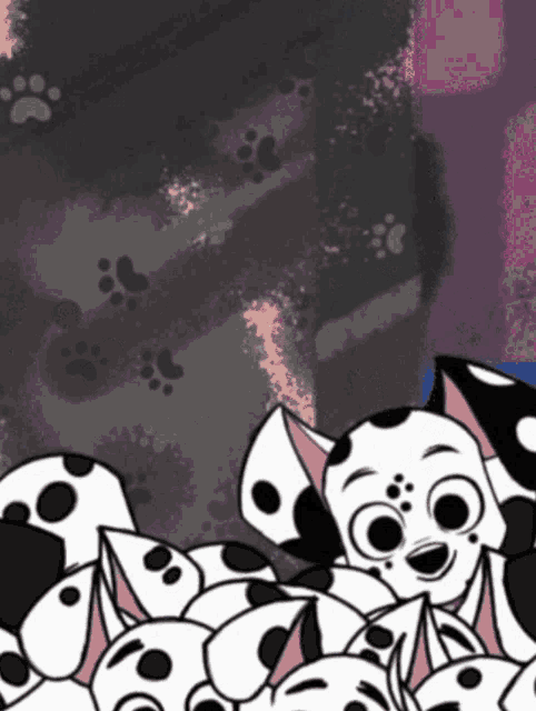 a bunch of dalmatian puppies laying on top of each other on a purple background