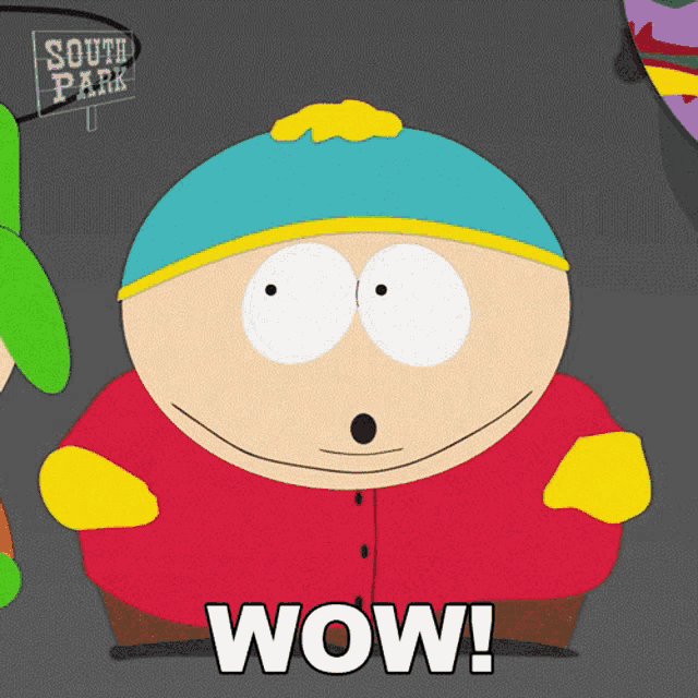 a cartoon character from south park has the word wow on his chest