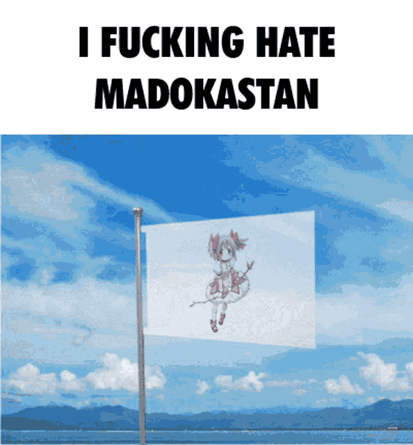 a picture of a flag with a girl on it that says i fucking hate madokastan
