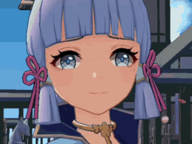a close up of a anime character with purple hair and blue eyes