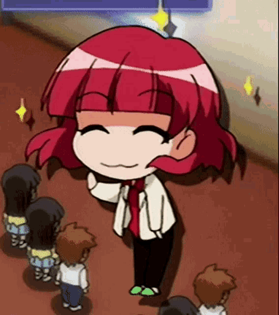 a cartoon of a girl with red hair standing in front of a group of children