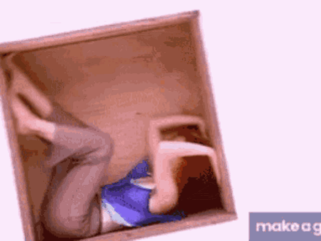 a person is laying in a cardboard box with a make a g button below them