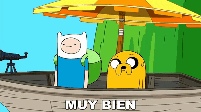 a cartoon of finn and jack in a boat with the words muy bien above them