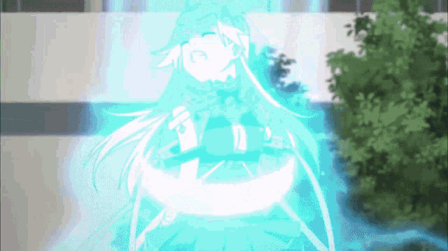 a girl with long white hair is surrounded by a blue glow