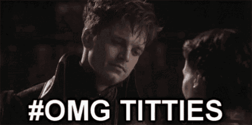 a man and a woman are looking at each other with the words omg titties written below them .