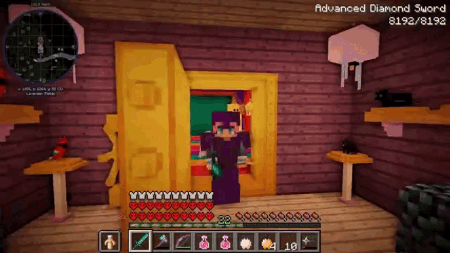 a screenshot of a minecraft game with the advanced diamond sword in the upper right corner