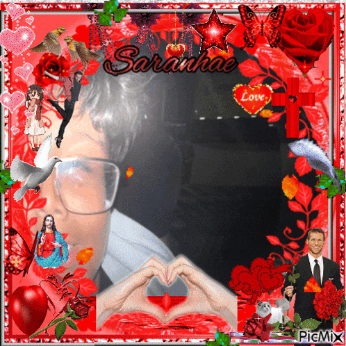 a picture of a woman making a heart with her hands and the name saradhae on the top