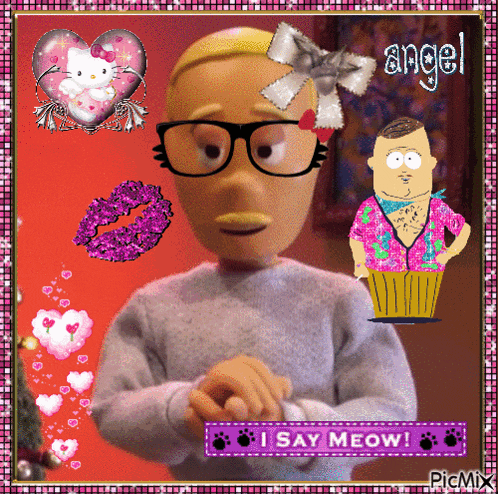 a picture of a cartoon character with the words say meow written on it