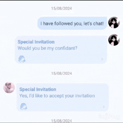 a screenshot of a chat between two people with one saying " special invitation "