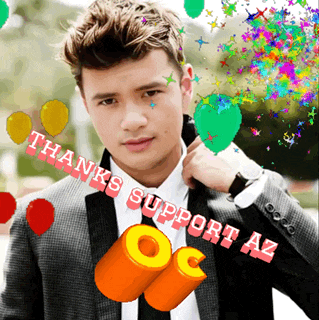 a man in a suit and tie is surrounded by colorful balloons and stars and says thanks support oc