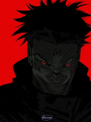 a drawing of a man with red eyes and a black jacket