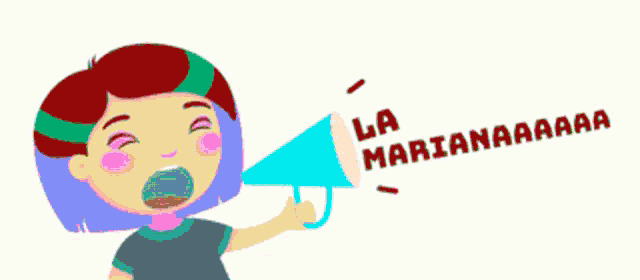 a girl shouting into a megaphone that says la mariannaaaa