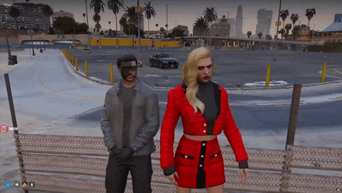 a man and a woman are standing next to each other in a parking lot