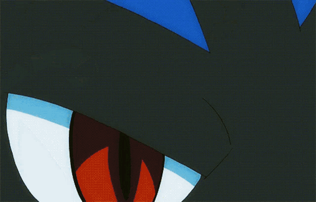 a blue and black cartoon character with a red and white stripe around its neck