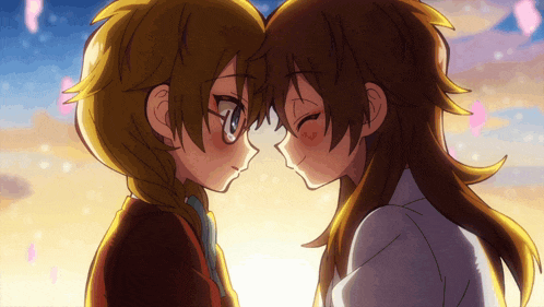 two anime girls are touching their foreheads in front of a blue sky