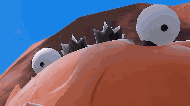 a close up of a cartoon character 's face with a blue sky behind it