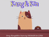 a cartoon of a cat with the words kang & kin written above it