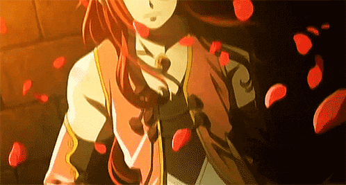 a girl with long red hair is surrounded by rose petals .