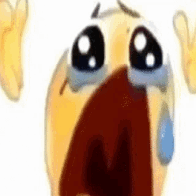 a close up of a crying emoji with its mouth open and tears coming out of it 's eyes .