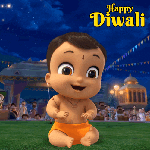 a cartoon baby is sitting in front of a sign that says " happy diwali "