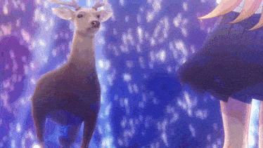 a deer is standing in front of a girl in a blue skirt