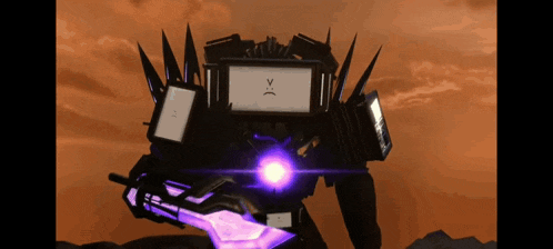 a robot with a purple sword and a sad face on it 's face