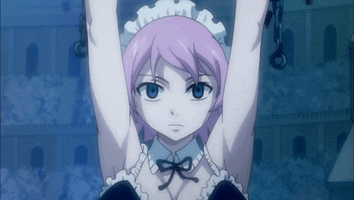 a girl with pink hair and blue eyes is chained up