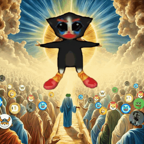 a painting of a man standing in front of a bunch of emojis including a doge coin