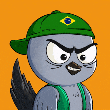 a cartoon bird wearing a green hat with the brazilian flag