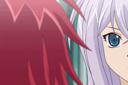 a close up of a girl with white hair and red hair
