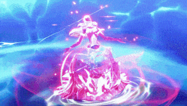 a woman in a pink dress is surrounded by a purple sphere
