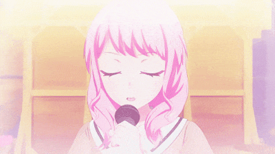 a pink haired anime girl is holding a microphone