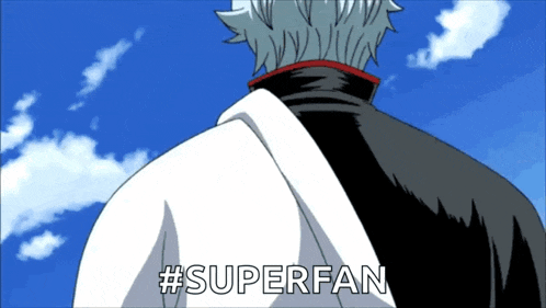 a cartoon of a man with the words #superfan behind him