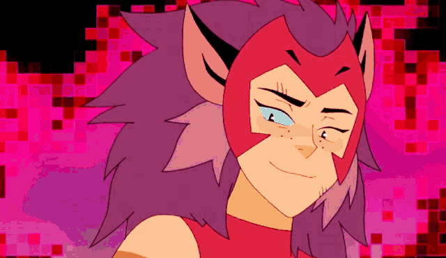 a close up of a cartoon character 's face against a pink background