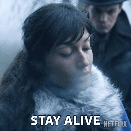 a woman in a fur coat says " stay alive " in a netflix ad