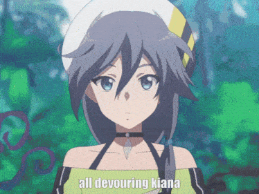 a picture of a girl with the words all devouring kiana on the bottom