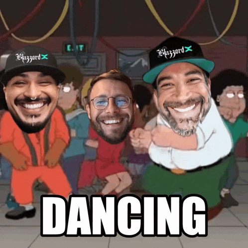 a cartoon of a group of men dancing with the word dancing above them