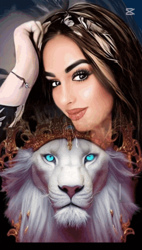 a painting of a woman with a crown on her head next to a white lion with blue eyes