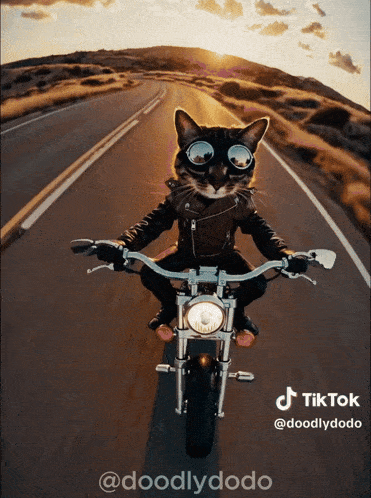 a cat is riding a motorcycle on the road
