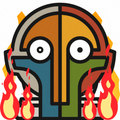 a colorful drawing of a face with flames around it