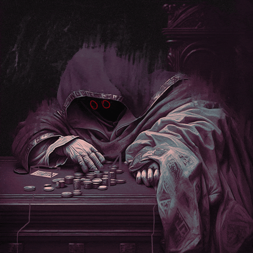 a painting of a grim reaper with a hood and red eyes