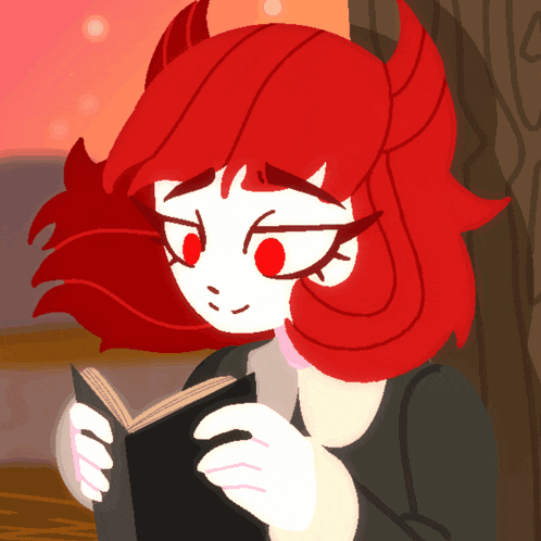 a drawing of a girl with red hair and horns reading a book