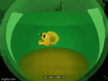 a cartoon character is singing la laaa la laaa in a green aquarium