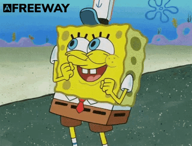 a cartoon of spongebob squarepants with a freeway logo in the background