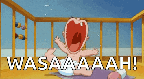a baby is crying in a crib with the words wasaaaah written below him