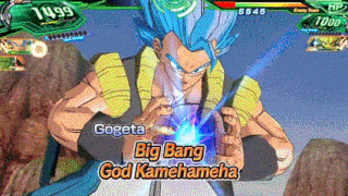 a video game screen shows a character named gogeta using a big bang god kamehameha