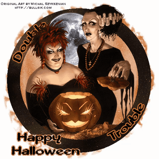 a picture of two witches and a pumpkin that says double trouble