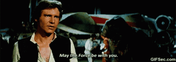 han solo says " may the force be with you " in front of a plane